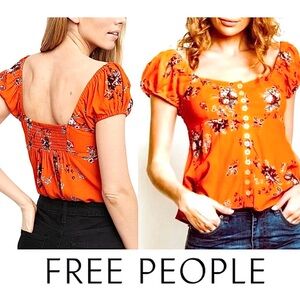 Free People Close to You Orange Floral Cap Sleeve Button Front Boho Crop Top